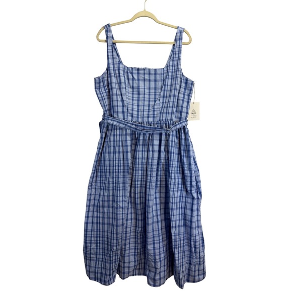 Free Assembly Dresses & Skirts - Free Assembly Blue Plaid Cotton Midi Dress XL 16-18 Smocked Back Square Neck NEW